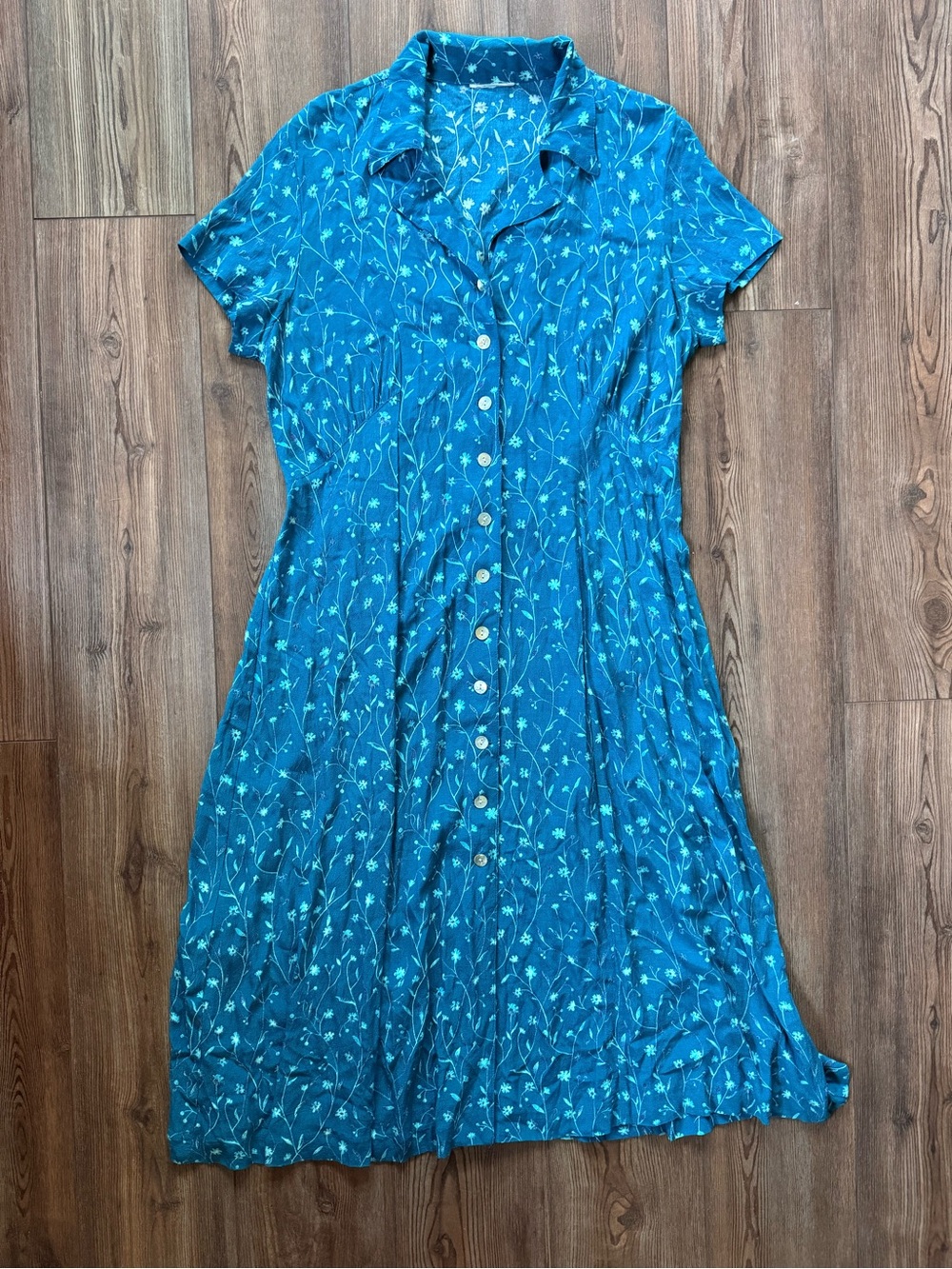 Vintage 90s Cottagecore Teal Floral Button-Front Midi Dress